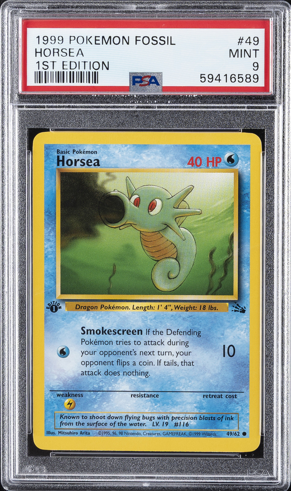 1999 POKEMON FOSSIL 1ST EDITION #49 HORSEA PSA 9