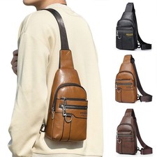 Men's Chest bag Sling Soft Leather Retro Crossbody Bag Shoulder Bag Waterproof