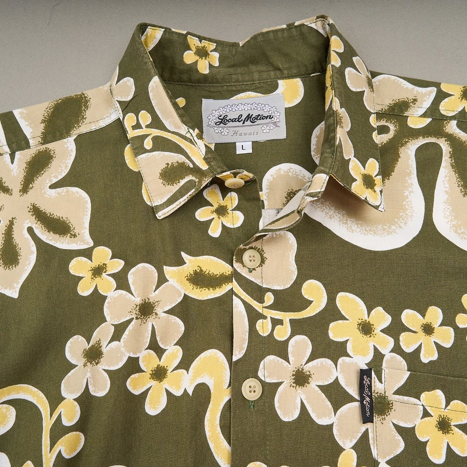 Vintage Local Motion Hawaiian Shirt L Green Floral Cotton Surf 80s Button Front - Image 2 of 4