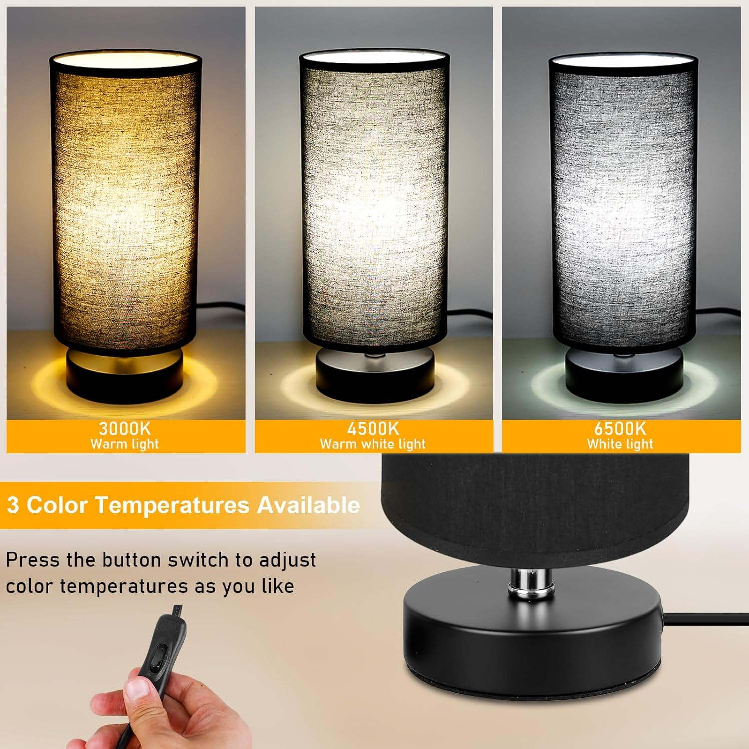 Lot de 2 lampes de chevet E27 avec abat-jour en lin noir pour chambre et salon - 3