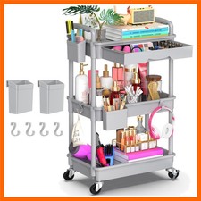 3 Tier Rolling Utility Cart Organizer with Removable Drawer, Grey
