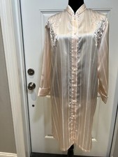 natori nightgown Women y2K Embroidery Button Down Stripes Silk Satin Sz XS