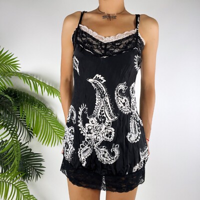 Vintage Y2K Black & White Floral Whimsigoth Fairy Grunge Lace Cami Top Dress  / L | eBay