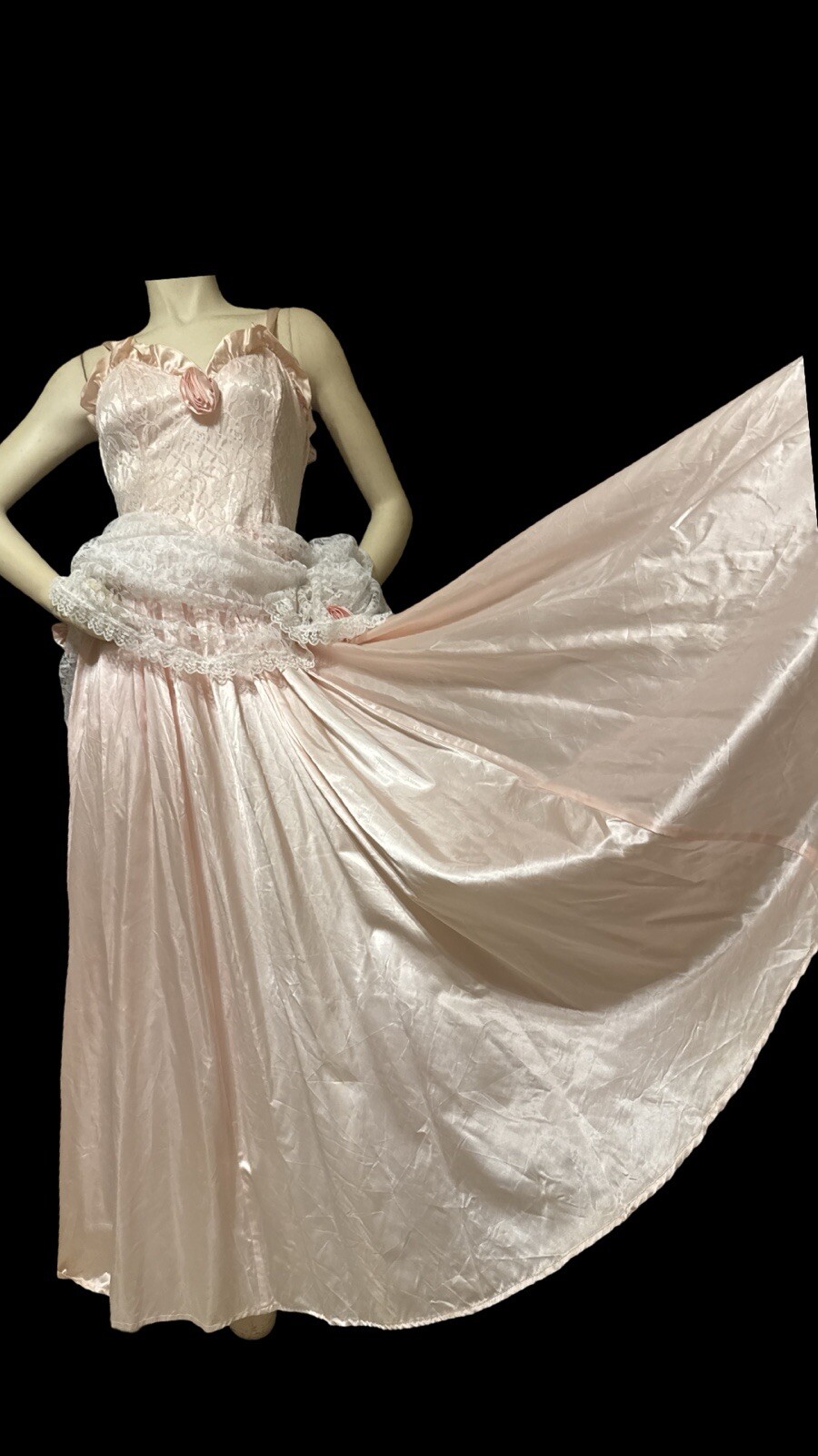 Vtg 80s GUNNE SAX Pink Satin Dress White Draped Lace Overlay Rosettes ...