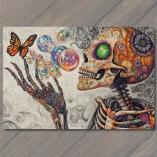 Art Print Skeleton With Butterflies Rainbow Spirals Bright Skull Surreal Fantasy