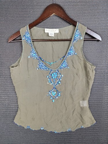 Nougat silk blouse top shirt size 2 sequins stones flaws*