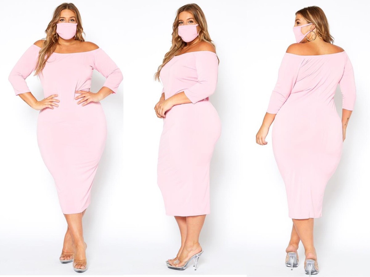 plastic bodycon dress Women Plus Size Dress Pink Bodycon Off Shoulder Midi Dress with Mask Size 3X