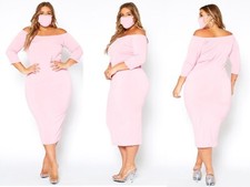 Women Plus Size Dress Pink Bodycon Off Shoulder Midi Dress with Mask Size 1X