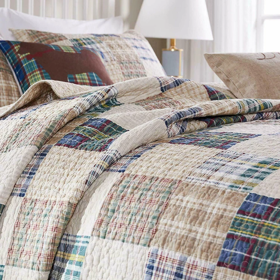 NEW! ~ COZY CLASSIC TAN BEIGE BLUE RED GREEN BROWN CABIN LODGE PLAID QUILT SET - Image 2 of 4