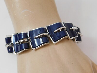 Vintage Lisner Marineblau Silberfarben 7 '' Gürtelschnalle Link Armband 3i 22
