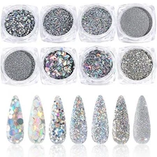 Holographic Nail Art Sequins Glitter Kits 8 Boxes Holographic Nails Powder Na...