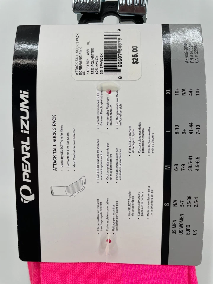Paquete de 3 calcetines altos Pearl Izumi Attack talla XL rosa gritando secado rápido hechos en EE. UU. Foto 3 de 4