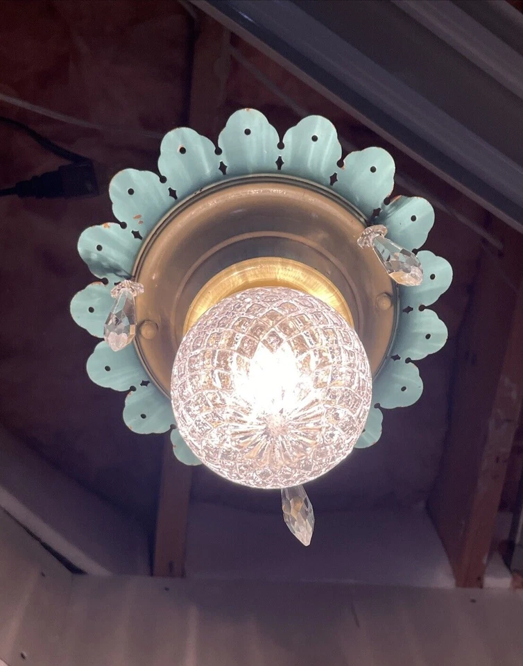 Antique Vtg Art Deco Flush Mount Light Crystal Single Bulb Sunburst 1920s 1940s - Image 4 of 4