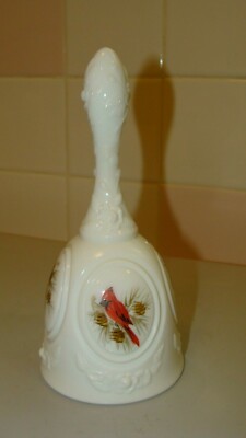Fenton Milk Glass Bell Cardinal Bird Hand Painted by Fredrick