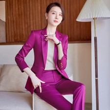 Women One Button Suit Jacket Blazer Pants 2pcs Sets Ladies Formal Satin Slim Fit