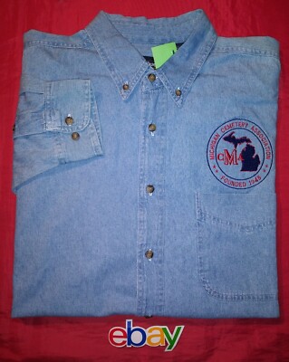 Men SZ XL MICHIGAN CEMETERY ASSOCIATION Denim Jean BUTTON SHIRT Blue Generation 