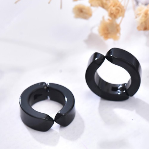 Black No Piercing Mens Hoop Huggie Earrings Clip On Women Stainless steel Hiphop - Picture 1 of 20