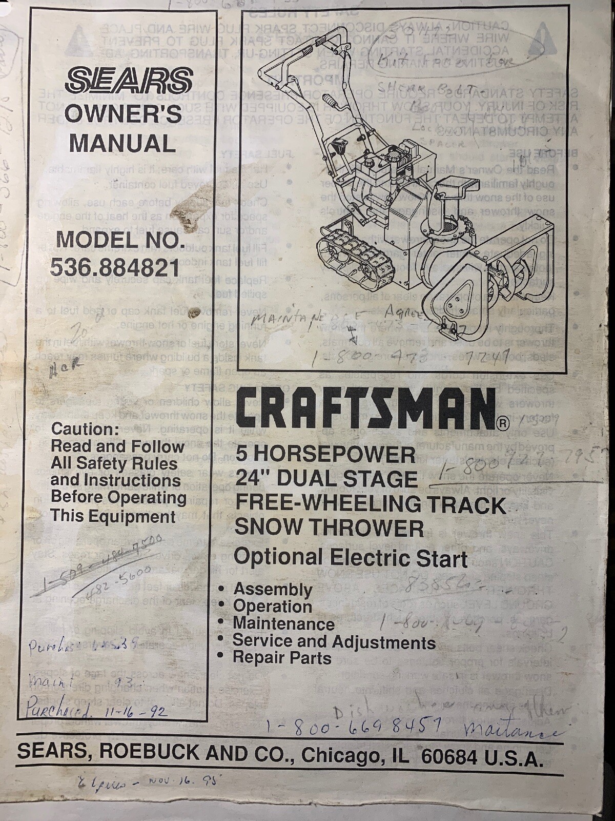 Sears Craftsman Track WalkBehind Snow Thrower 536.884821 Owner & Parts Manual eBay