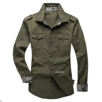 Casual Men'S Long Sleeve Cargo Shirts Military Style Shirt Double