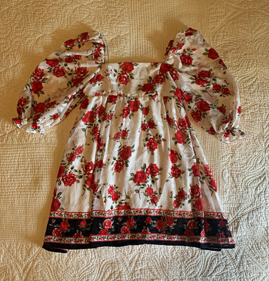 francesca's Ivory Red Rose Floral Square Neck Puff Sleeve Mini Dress Women s S