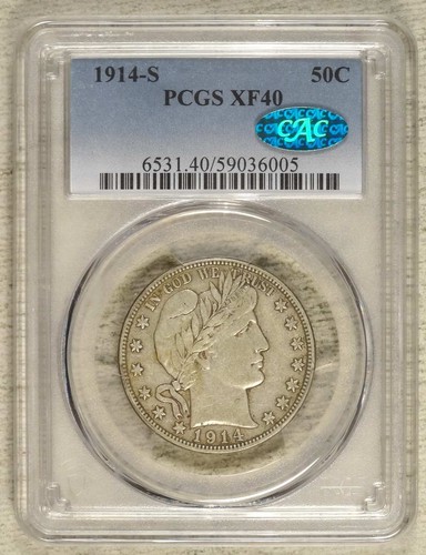 1914-S Barber Half Dollar, Extremely Fine, PCGS/CAC XF-40, Original - Picture 3 of 5