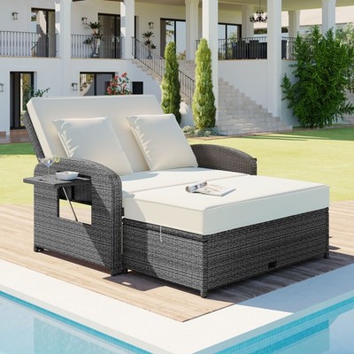 TOPMAX PE Wicker Rattan Double Chaise Lounge, 2-Person Reclining Daybed with Ad