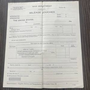 4 Antique April 1914 War Department Mileage Blank Voucher Form 337
