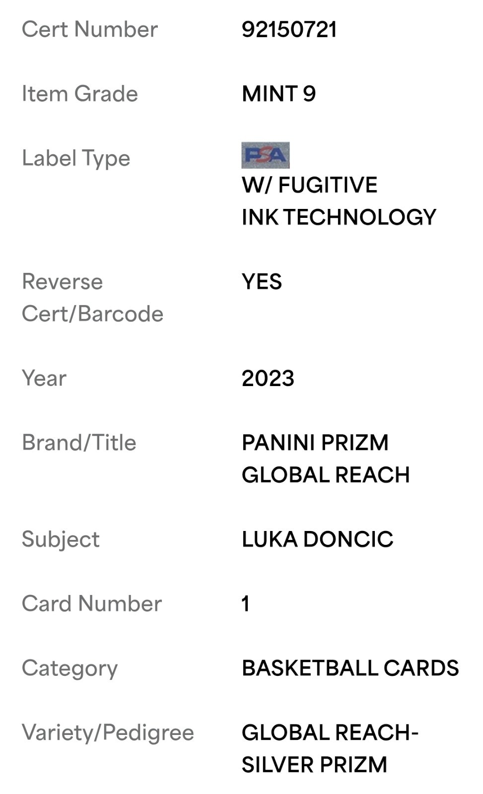 🏀 Luka DONCIC *Silver Global Reach* PSA 9 2023 Panini Prizm #1 POP 21 🔥 Mint view 4