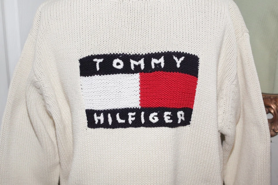 Vintage 90s y2k Tommy Hilfiger Ivory Flag Front Knit Sweater High Neck Men’s L - Image 3 of 4
