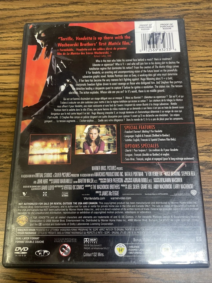 V For Vendetta (DVD, Canadian) Widescreen - Image 2 of 2