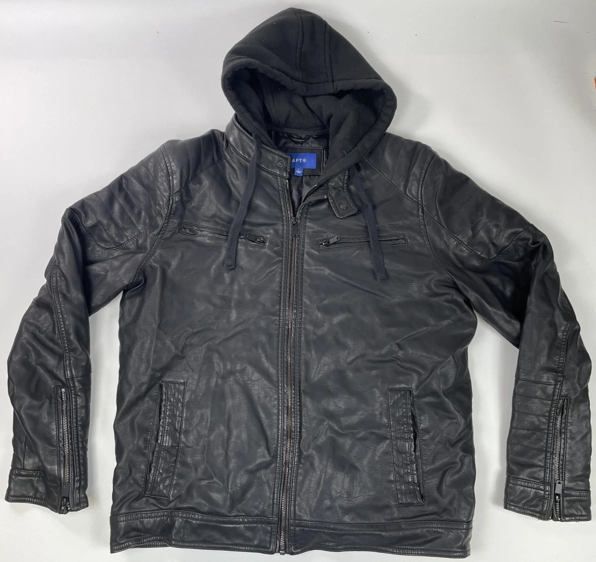 APT.9 Jacket Mens Large Faux Leather Hooded Quilted Moto Biker Black Zip