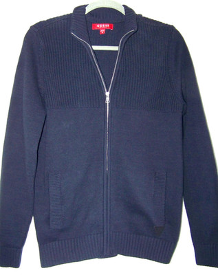 Guess Zip-Up Mock-Neck Navy Heavy Knit Cardigan Sweater w/Pockets Men M Preppy