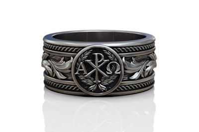 Chi Rho Ring:  Religious God Gift Band Ring Chi Rho Band Ring Alpha Omega Ring
