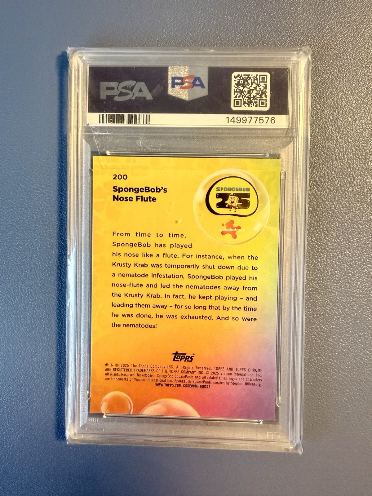 Topps 2025 SpongeBob Sapphire #200 SpongeBob's Nose Flute Orange PSA 9 view 2