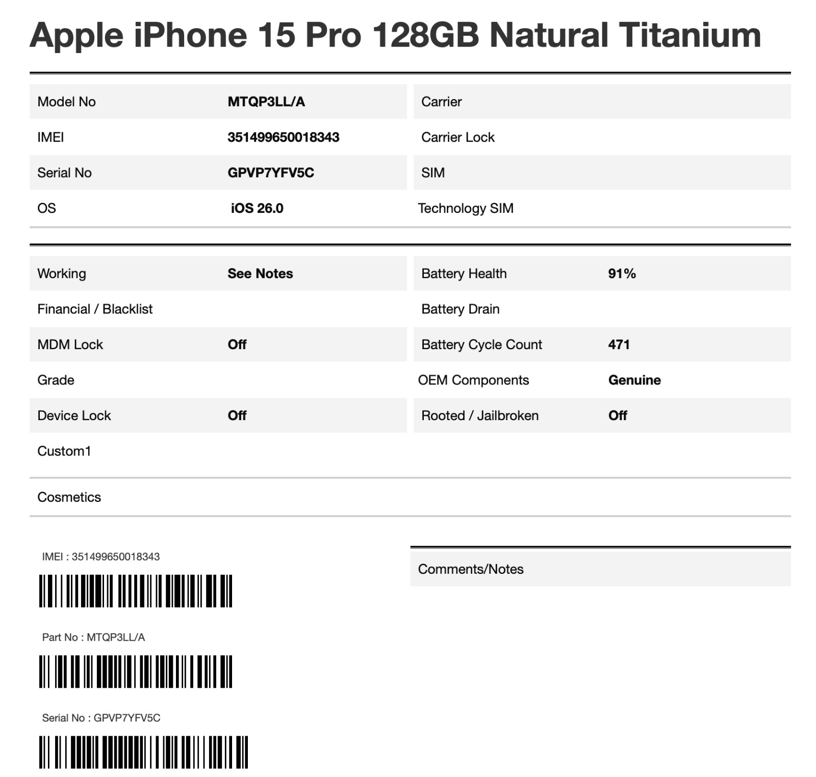Apple iPhone 15 Pro- 128 GB Natural Titanium (Unlocked) *Please Read Description