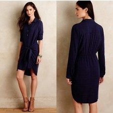 Maeve Anthropologie Navy Bloomsbury Tie Wrap Lined Shirt Dress Size 2