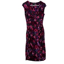 Lauren Ralph Lauren Dress Womens 2 Purple Floral Ruched Surplice Knit Sheath
