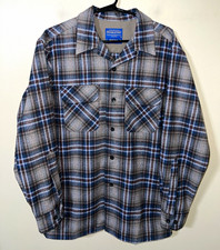 Pendleton Board Shirt Mens Small Blue Gray Brown Plaid Wool Flannel Loop Collar