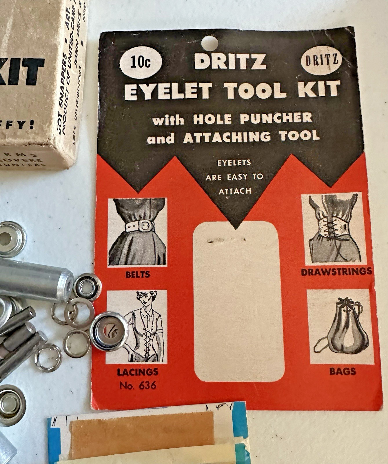 VTG Dritz DOT Snappers Kit Tools Eyelets Punches Fasteners 1950s Sewing Notions