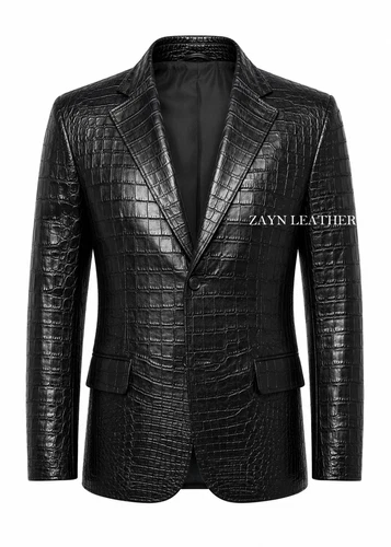 Men's Black Crocodile Embossed Real Leather Blazer Two Button Jacket Luxury Coat - product listing photo