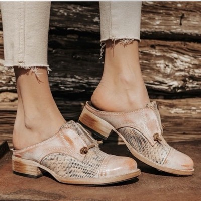 Freebird by Steven Malena Snakeskin Leather Mule Block Heel Shoes Beige Brown 8
