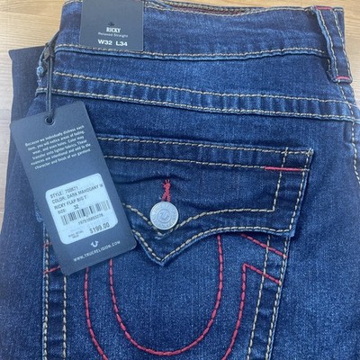 True Religion Ricky Relaxed Straight Flap Big T Jeans Mens 32x34 Dark Wash NWT