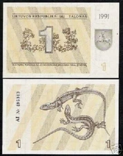 Lithuania 1 Talona P-32 1991 Pre EURO UNC Horse Lizard Lithuanian Ex-USSR NOTE