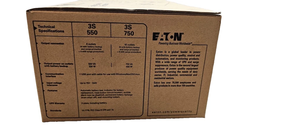 New Eaton 3S 550VA / 330W Desktop Mini-Tower UPS w/ 8 Outlets For Home Or Office - Image 4 of 4