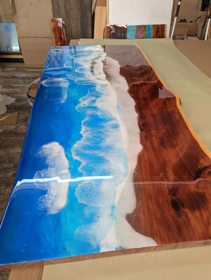 Epoxy Ocean Wave Dining Table with Walnut Wood Custom Design