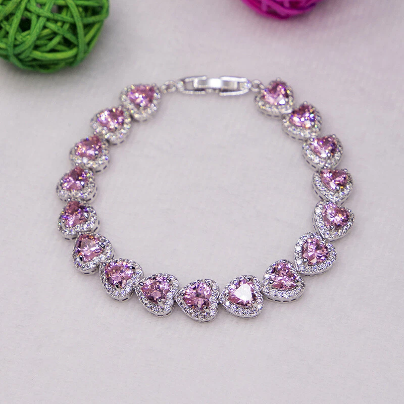 4pc set Wedding Heart Pink Topaz Gemstone Women Bracelet Necklace Earring Ring - Image 3 of 4