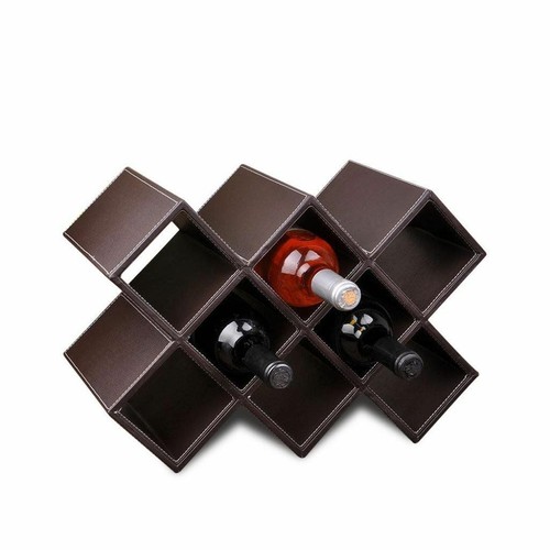 Brown PU leather 10 Bottles Wine Rack Wooden Free Standing Bottle