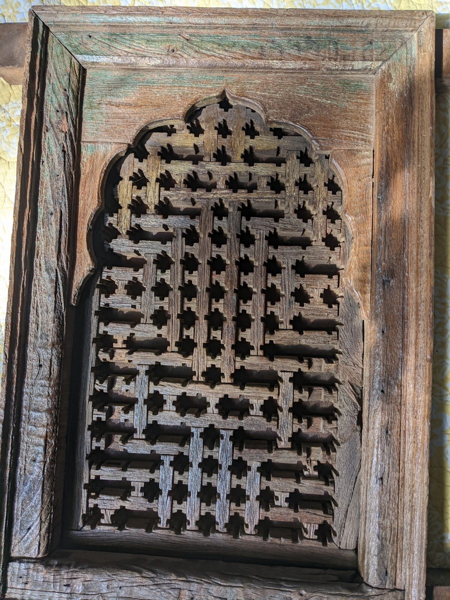 Antique Jali Window Wood Hand Carved Jali Geometric Mughal Window
