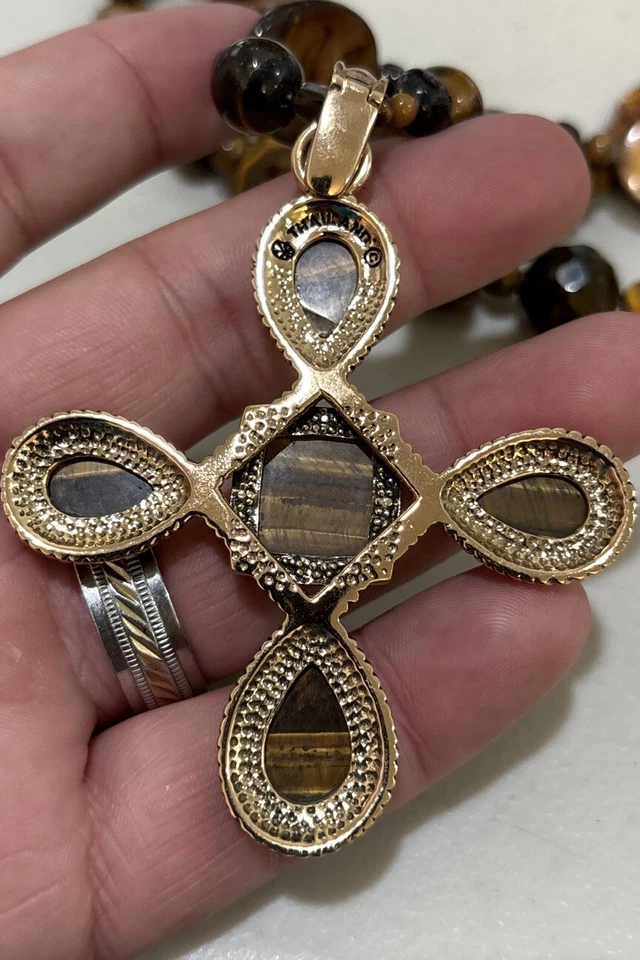 Barse Tigers Eye Gemstone Triple Strand Cross Chunky Statement Necklace - Image 4 of 4