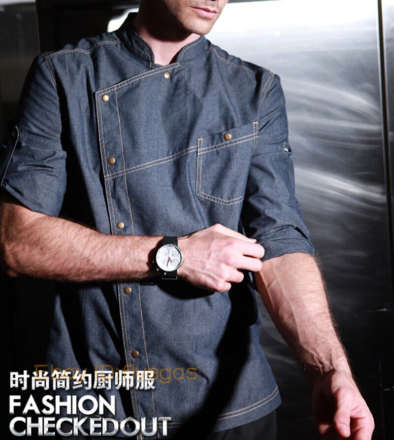 Men Women Denim Chef Jacket Long Sleeve Cook Jeans Kitchen Coat Unisex Uniform - Image 3 of 4